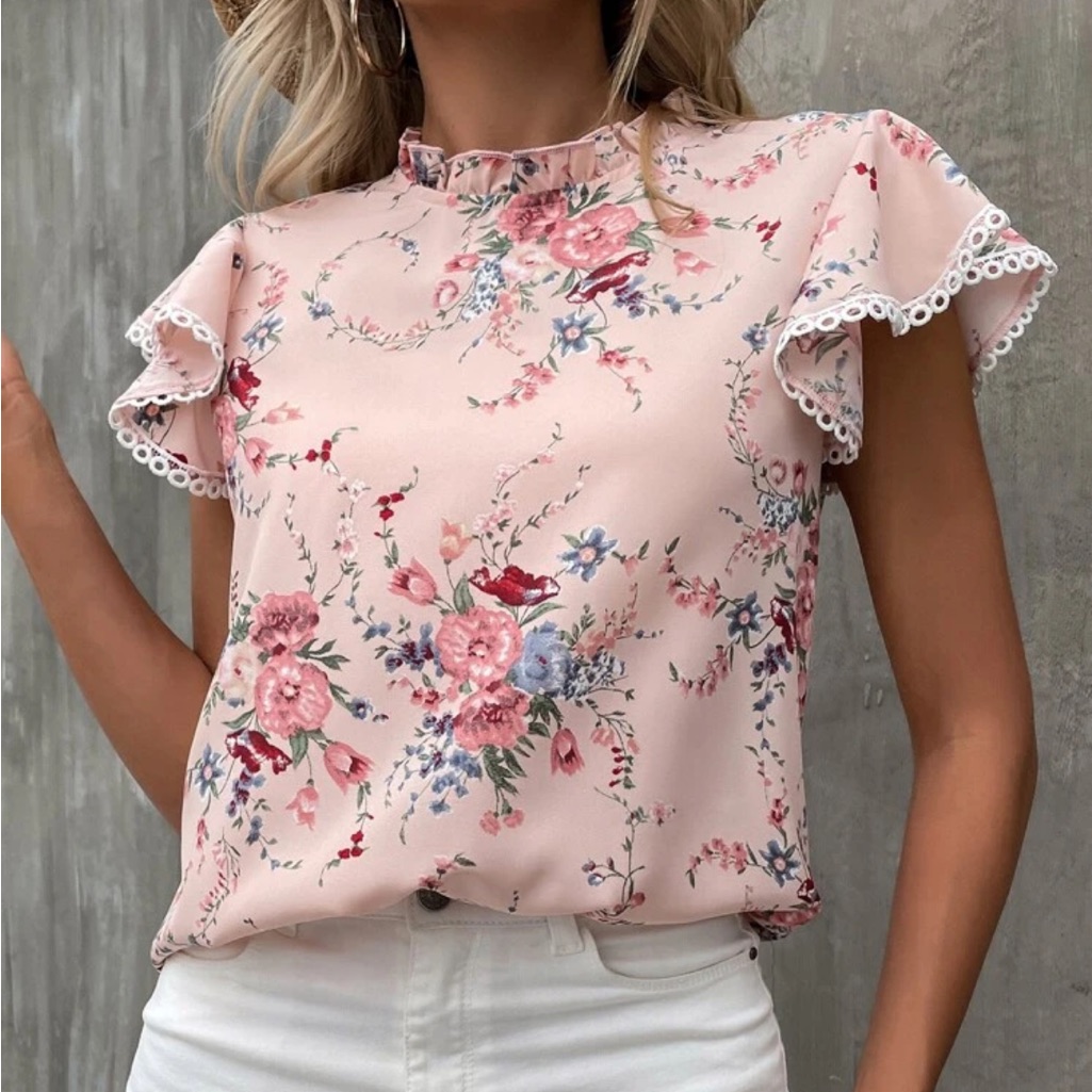 Floral Pink Ruffle Sleeve Blouse